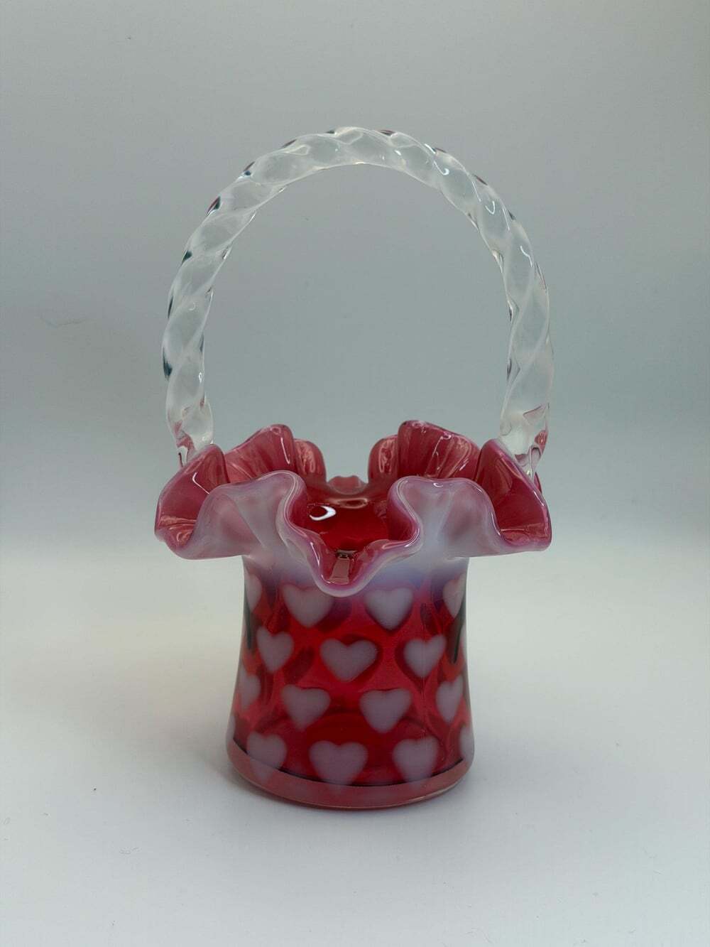 Fenton Cranberry Heart Optic Basket | Ruffled Top Hat Art Glass (Vintage)